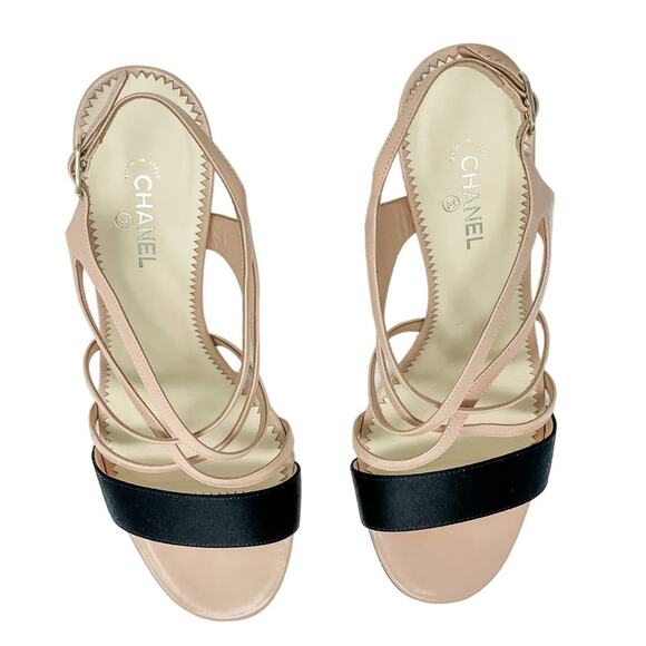 Chanel Neutral Strappy Pearl Detail CC Logo High Heel Sandals size 38.5 US7.5 - Picture 2 of 16